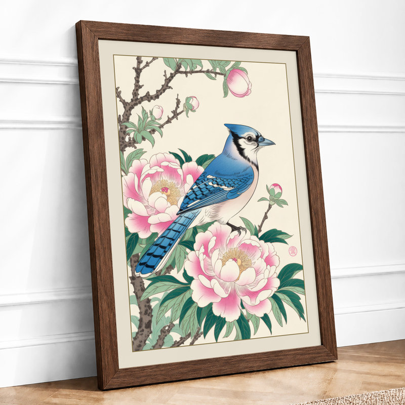 Blue Jay Among Peonies Japandi - Print, Walnut, A4 - 29.7 x 21.0 cm