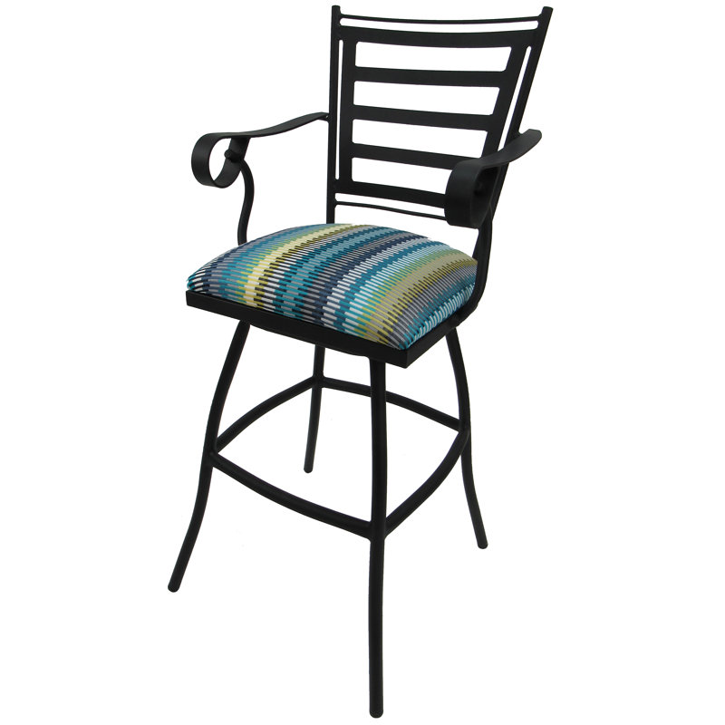 Tabouret de patio d'extérieur 35 po avec coussin Chazz, Thermolaquage noir, Bande ensoleillée turquoise