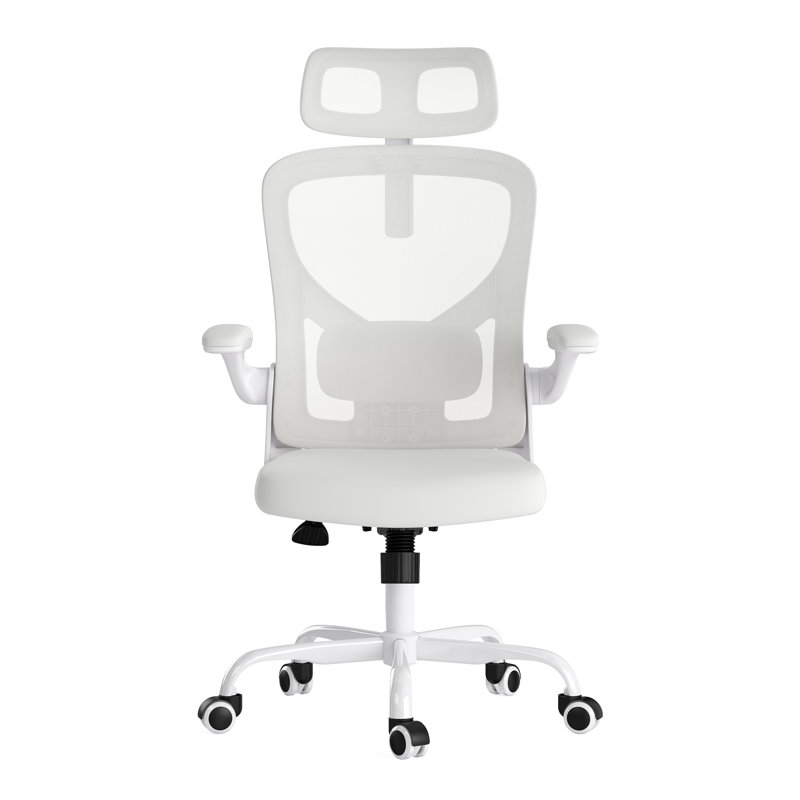 Fauteuil de bureau ergonomique pour bureau à domicile avec appui-tête - Dossier haut en filet avec support lombaire réglable et accoudoirs rabattables, blanc