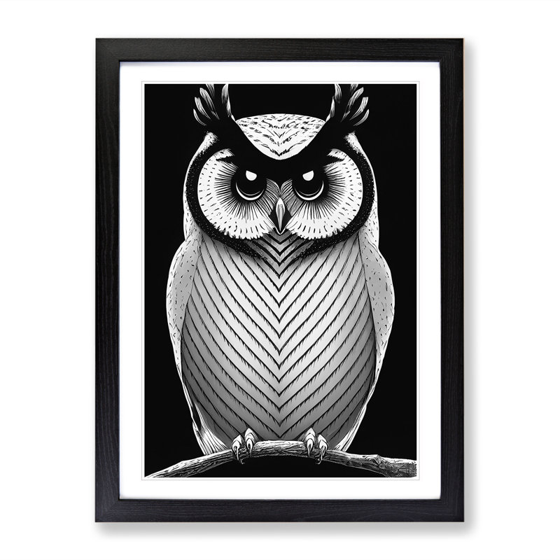 Owl in Monochrome - Framed Print, Black, 64cm H x 46cm W x 2cm D