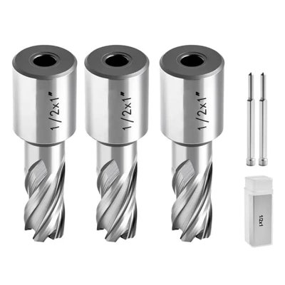 Annular Cutter Set, 5 pcs Weldon Shank Mag Drill Bits Kit, 1" Cutting Depth, 1/2" Cutting Diameter, HSS, 3 Drill Bits with 2 Pilot Pins and 3 Plastic Cases, for Magnetic Drills, Steel, Aluminum