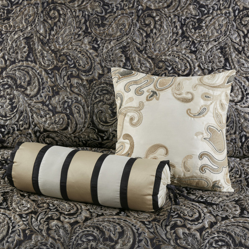 Ensemble de couvre-lit en jacquard 5 pièces avec coussins décoratifs noir très grand, Noir