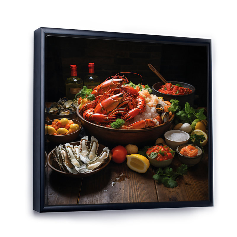 Assortiment de fruits de mer II sur toile, H 30 po x l 30 po x P 1 po, Cadre flottant noir