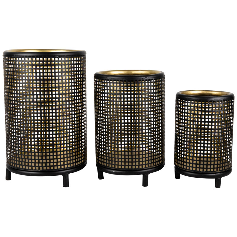 Iron Grid Pillar Candle Holders - 12" - Black And Gold Finish - Set Of 3