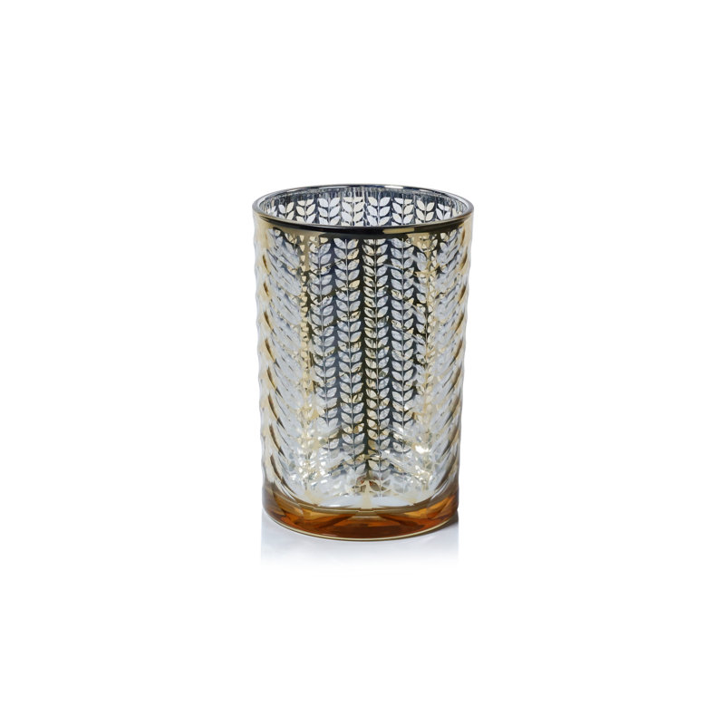 Laser-Etched Metallic Glass Hurricane Candle Holder, Gold, 7" H x 4.75" W x 4.75" D