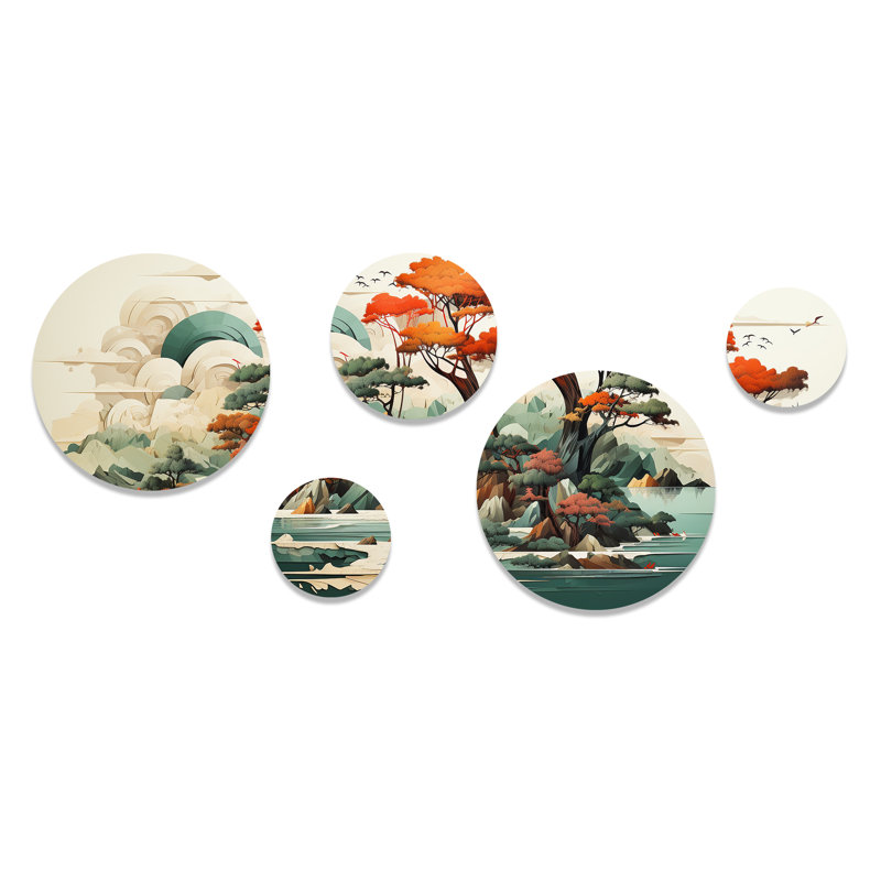 «Vintage Japanese Lake Scenery I - Abstract Landscape», ensemble d'art mural rond sur 5