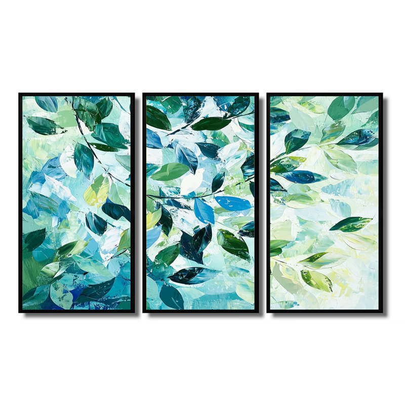 Été vert Branches dans le vent II - feuilles, ensemble de salon d'art mural, Noir, Reproduction avec cadre flottant