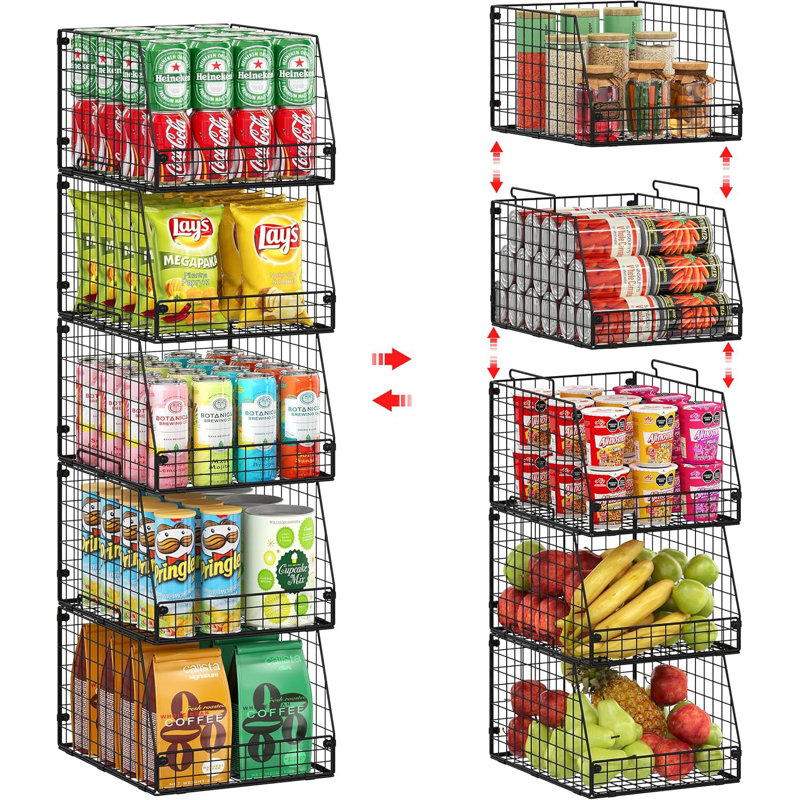 Paquet de 5 paniers de rangement en fil de fer empilables XXL - Très grands organisateurs de garde-manger, multi-usages pour fruits, légumes, jouets et collations