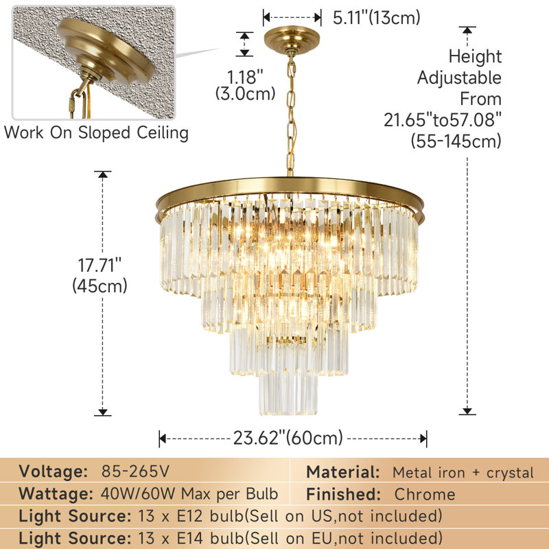 Lustre en cristal Makinlee, H 15,74 po x l 23,62 po x P 23,62 po, 11 lumières, Laiton