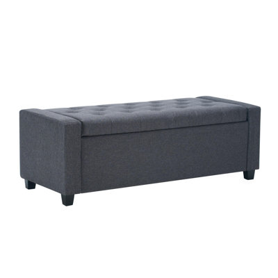 H & M 48" Storage Bedroom Bench for End of Bed, Faux Linen Upholstered Storage Ottoman with Arms for Bedroom,Living Room, Entryway, Grey