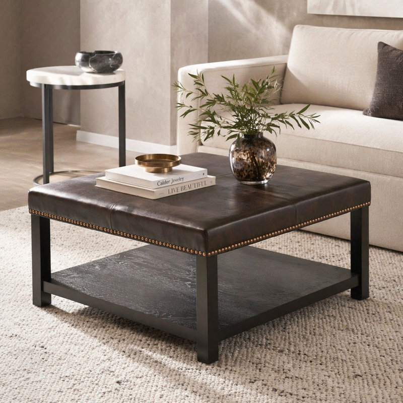 Grand banc repose-pieds carré, table basse avec repose-pieds en similicuir et pieds en bois massif, repose-pieds surdimensionné pour le salon