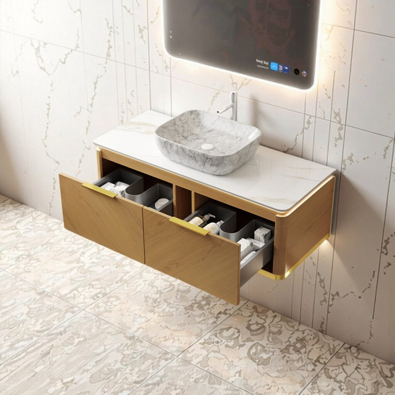 Meuble-lavabo flottant 48 po avec capteur de lumière et lavabo vasque en marbre - Tiroirs à fermeture en douceur, comptoir de luxe, armoire de rangement pré-assemblée