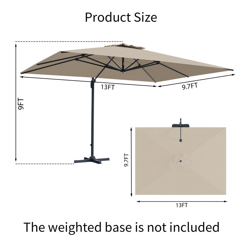 Parasol de patio en aluminium de 13 pi x l 9,7 pi avec table ronde, 2 chaises en osier de polyéthylène et coussin bleu foncé