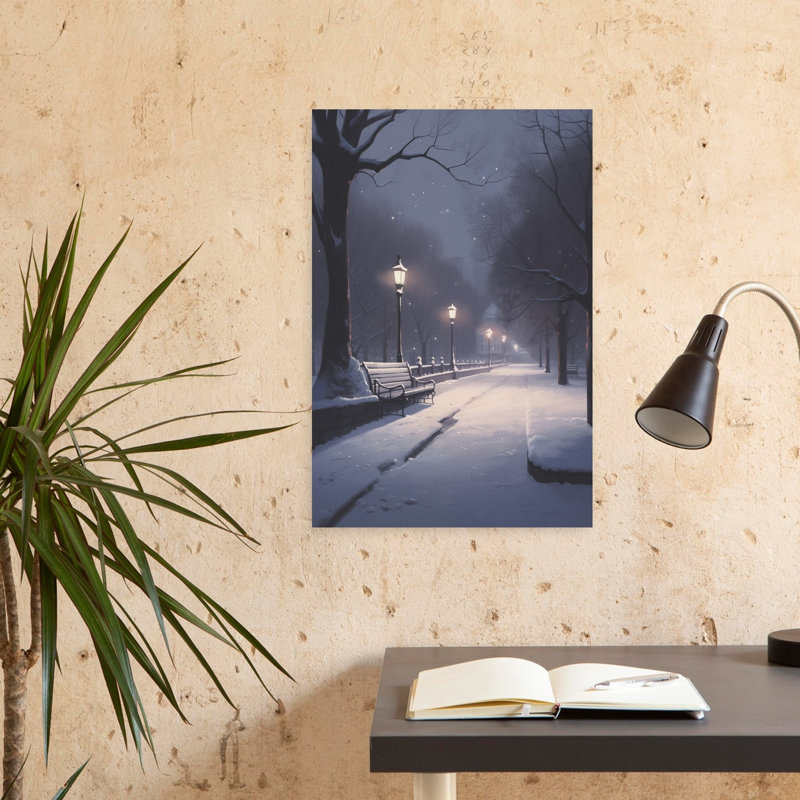 «Snowy Winter Night Peaceful Serene Tranquil City Landscape», art mural, H 24 po x l 16 po