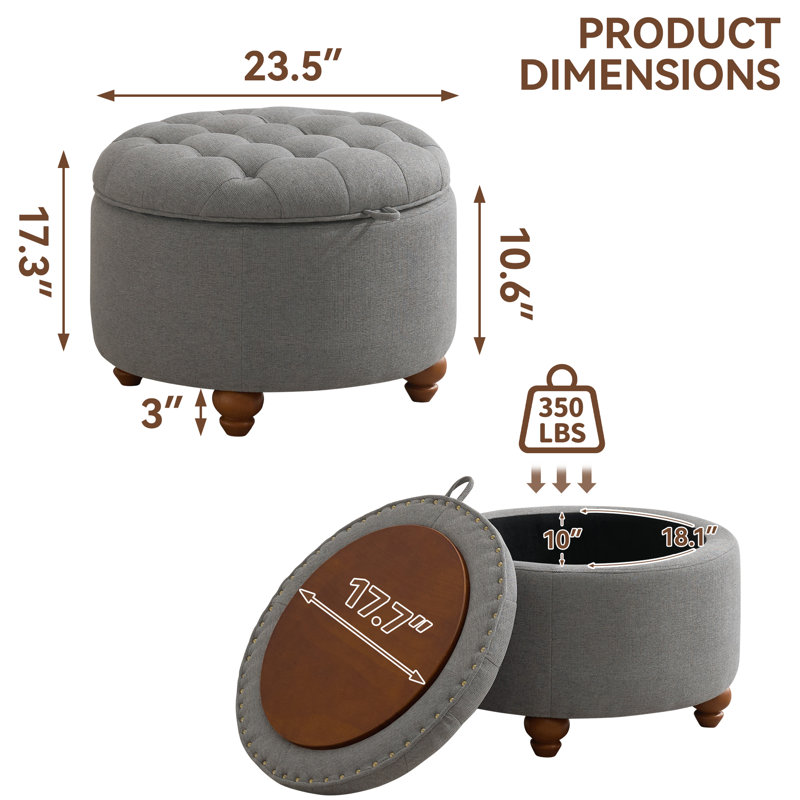 Repose-pieds capitonné rond de 24 po avec rangement capitonné, Lin gris pâle