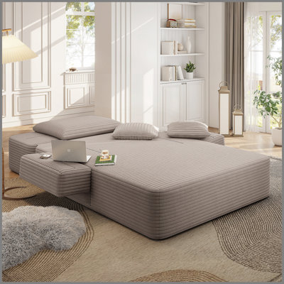 Luxurious Plush Corduroy Chaise Lounge with 3 Pillows, Convertible Sofa Bed with Storage Pocket, Frameless Design & Compression Foam for Small Spaces, Living Room, Apartment,Coffee