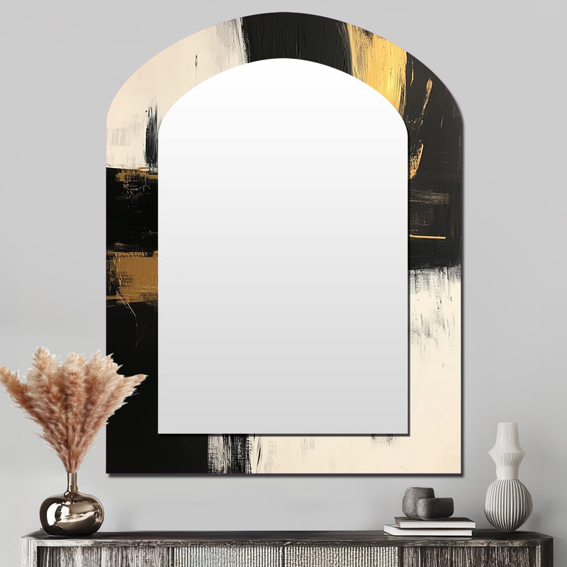 Abstract Black And Gold Maelstrom Of Elegance - Abstract Shapes Arch Decorative Wall Mirror, Black Asymmetrical Large Mirror, Printed Metal Art