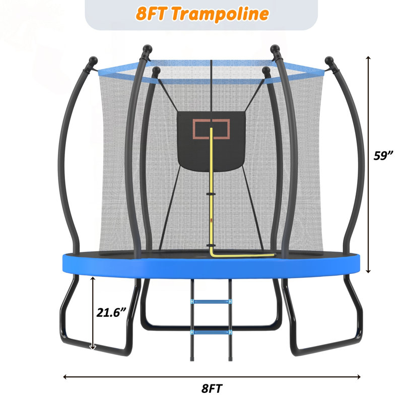Trampoline 8 pieds avec panier de basketball et conception adaptée aux enfants