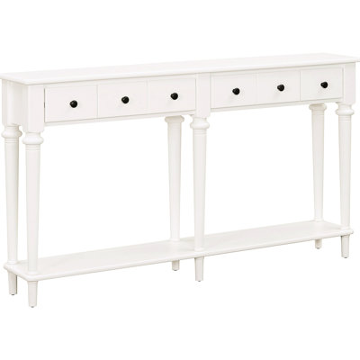 Console Table White. 4 Drawers With Open Shelf. Vintage Rustic Pine Veneer. And Pine. Ideal For Entryways, Living Rooms, Hallways. Easy Setup White Table. Vintage-style Wood. Suits Hallway Entryway