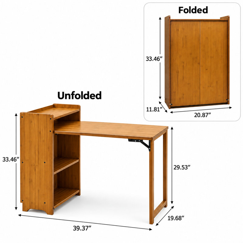 Bureau d'ordinateur pliant en bambou avec tablettes de rangement, bureau d'écriture pliable pour petits espaces, brun