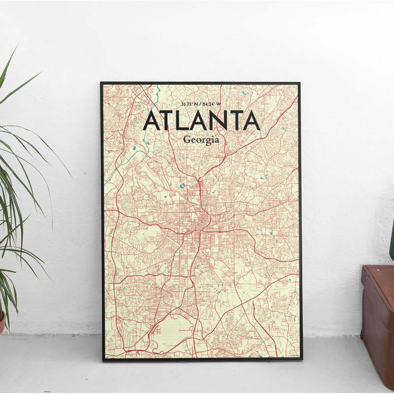 « atlanta city map », reproduction d’impression sur affiche en tricolore, H 17 po x l 11 po x P 0,05 po