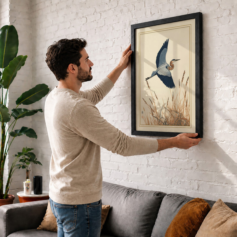 Heron in Flight Botanical - Framed Print, Unframed, A2 - 59.4 x 42.0 cm