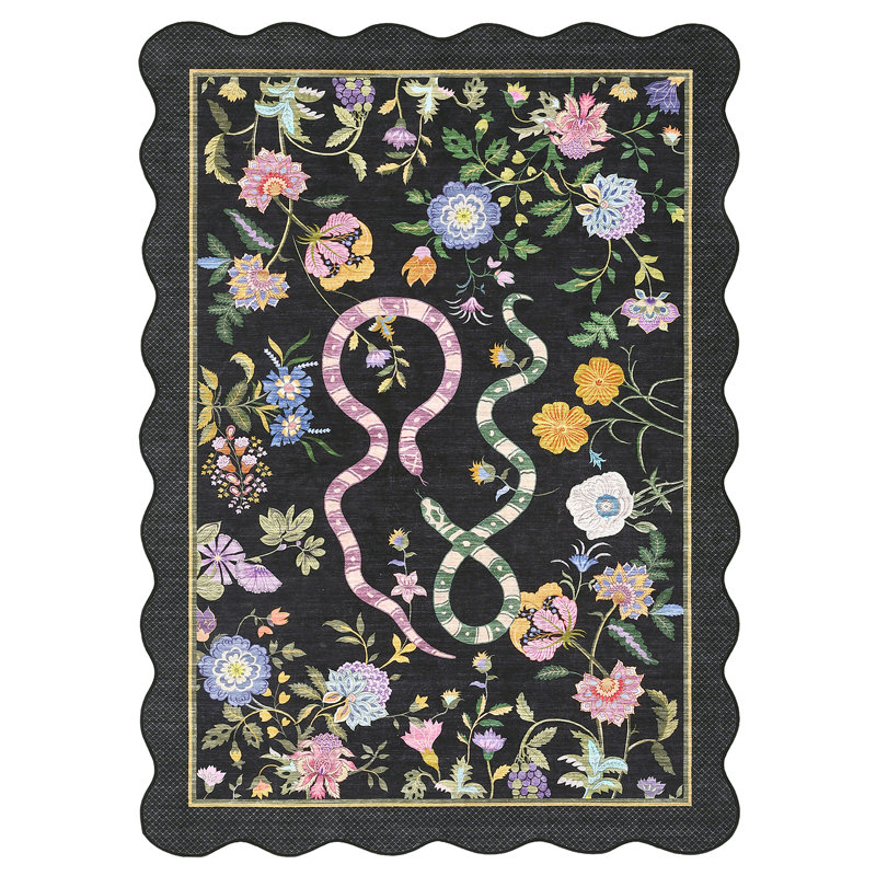 Farmhouse Floral Rug Washable Rug Non Slip Modern Scalloped Carpet, Soft Non Shedding Indoor Carpet, Low Pile Thin Foldable Printed Mat