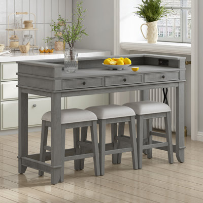 4-Piece Retro Dining Table Set with Storage Drawers and USB Charging