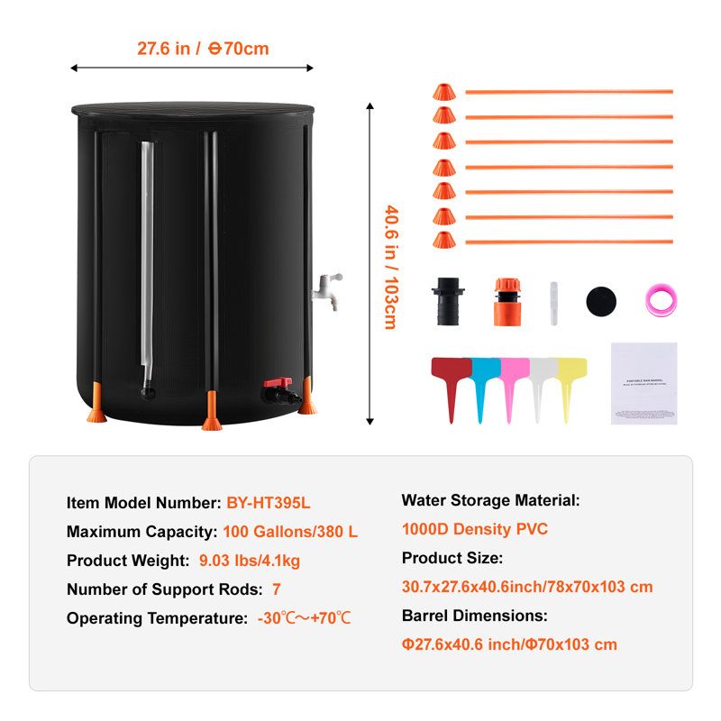 VEVOR Weather Resistant Plastic Dual Overflow Rain Barrel with Diverter Kit, 40.6" H x 27.6" W x 27.6" D
