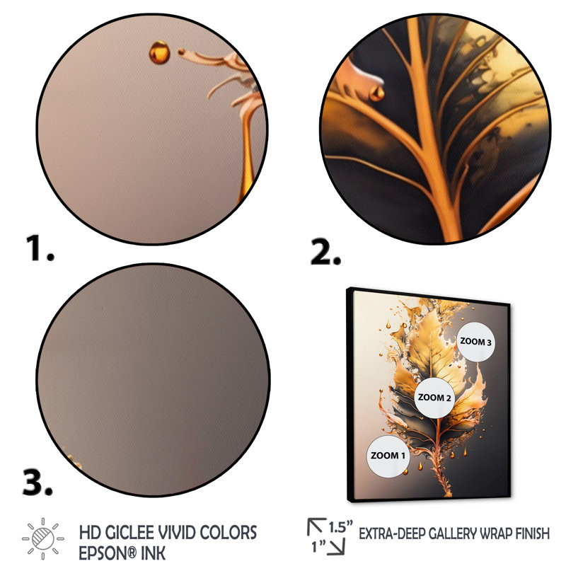 «Gold Abstract Leaves II», impression sur toile, H 32 po x l 16 po x P 1 po, Cadre flottant noir