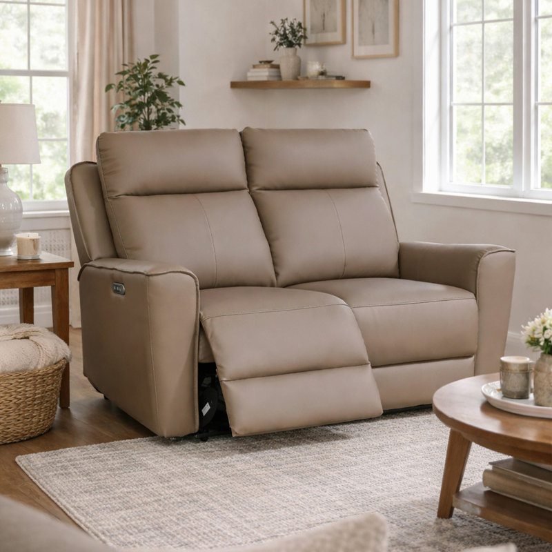 Real Leather Power Recliner with USB Charging, Mushroom, 2