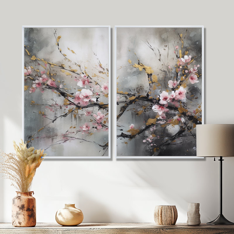 Forêt d'orchidées roses - art mural moderne 2 panneaux, Impression encadrée flottante, 36'' H x 48'' W, White
