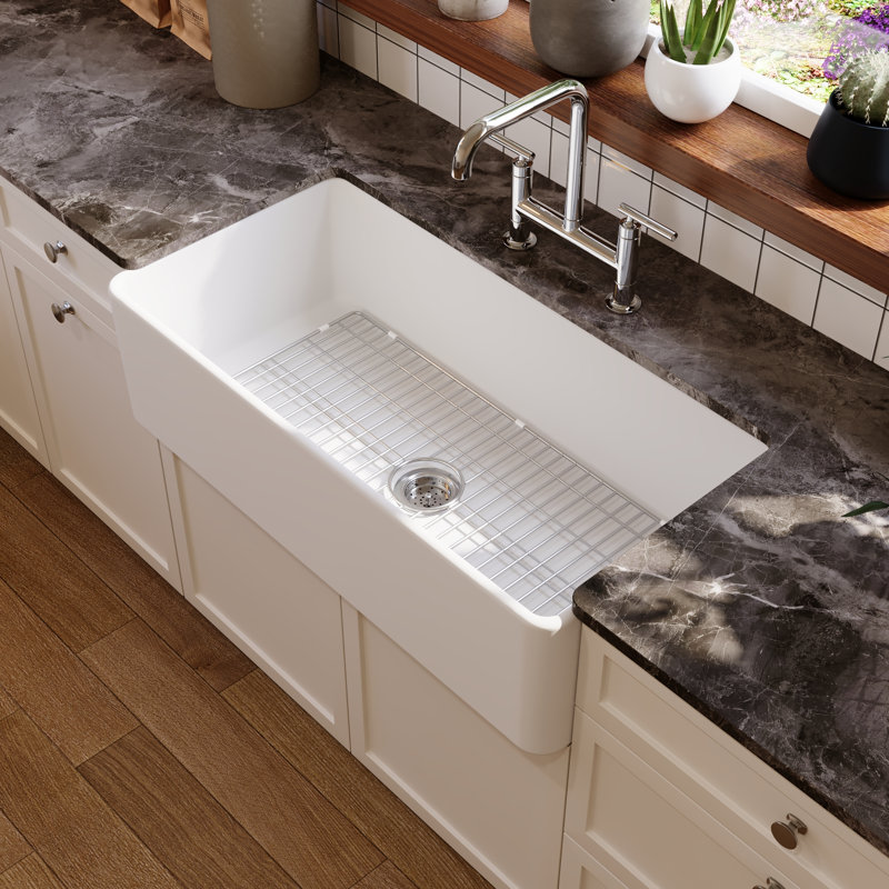 Grove 36" L X 18" W Fireclay Rectangular Single Bowl Farmhouse Kitchen Sink with Grid and Strainer, White