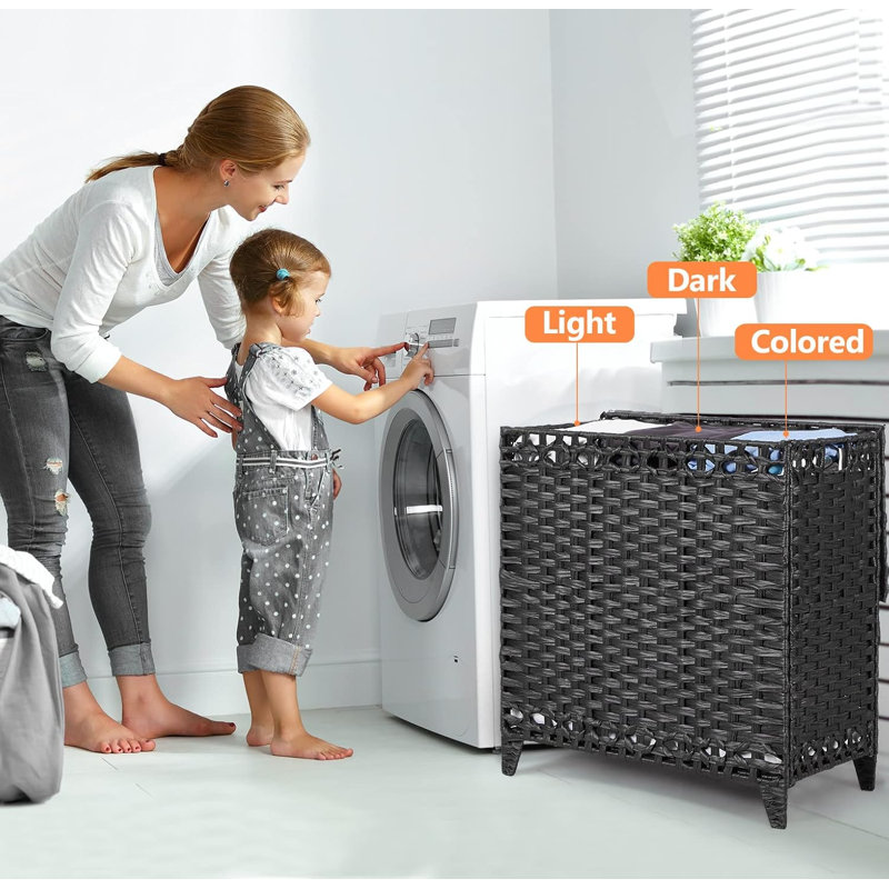 Laundry Hamper With 3 Removable Liner Bags; 132L Handwoven Rattan Laundry Basket With Lid & Heightened Feet; Clothes Hamper With Side Handles; Laundry Sorter With 3 Separate Sections
