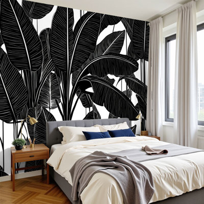 Peel and Stick Wallpaper Black White Botanical Leaf Linear Details Wall Murals 100"H x 144"W Removable PVC Wall Paper Self-Adhesive Wall Decor for Bedroom Living Room Home Office