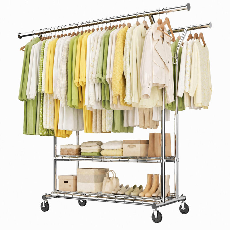 Portant à vêtements de 75 po de largeur avec barre à vêtements réglable, roues verrouillables et crochets latéraux