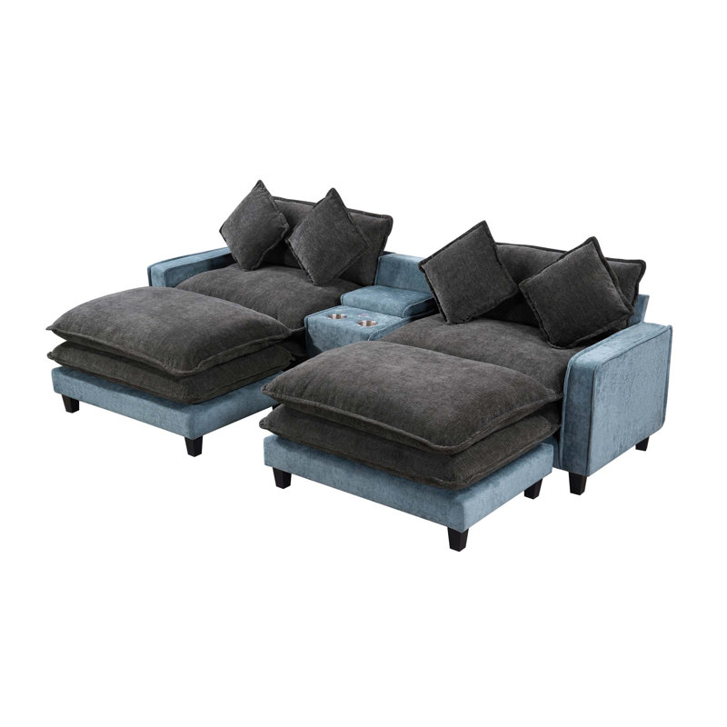 Canapé modulaire en chenille avec ports USB et repose-pieds amovibles, Grey,Light Blue Chenille