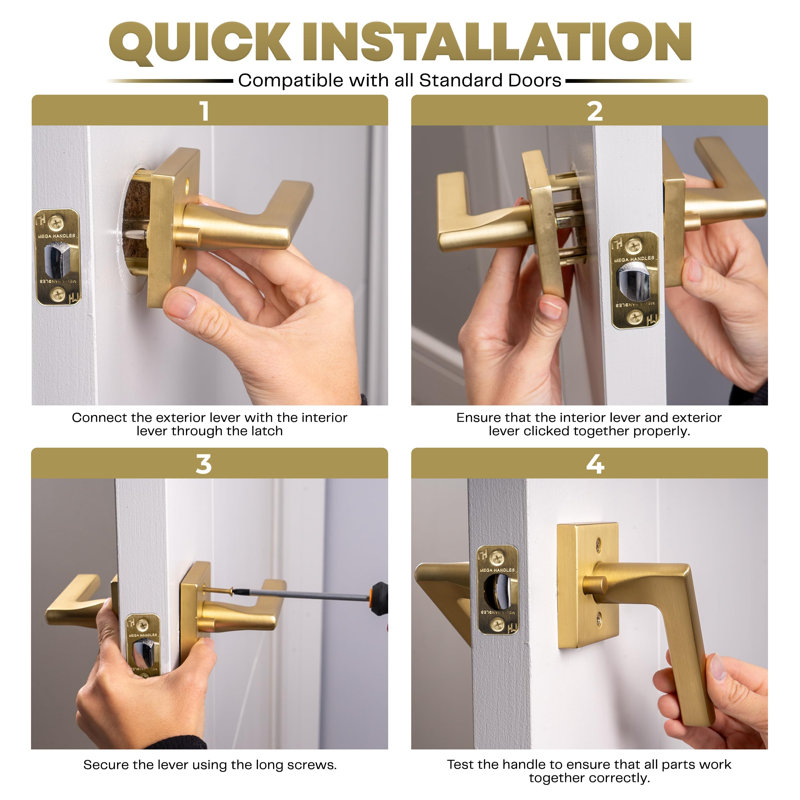 Poignée de porte à levier Mega Handles, Paquet de 1, Confidentialité, Laiton satiné