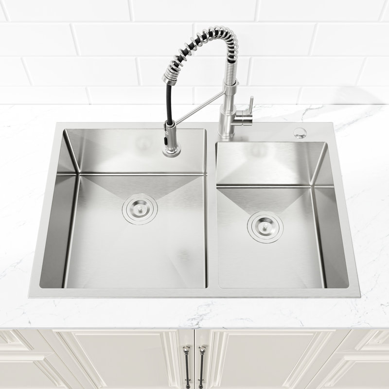 Modern Stainless Steel Sink 33"X19" - Double Bowl, Overmount, With Construction Overmount Enhanced Functionality And Durability