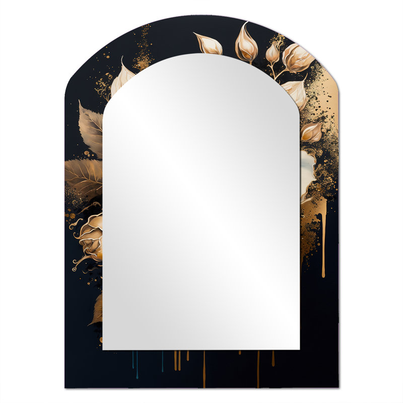 Navy Blue And Gold Rose II - Rose Asymmetrical Wall Mirror, Traditional Arch Decorative Mirror, Printed Metal Art