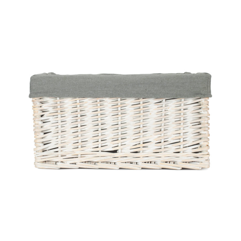 Wicker Storage Basket with Lining, White Wash/Grey, 19cm H x 37cm W x 24cm D