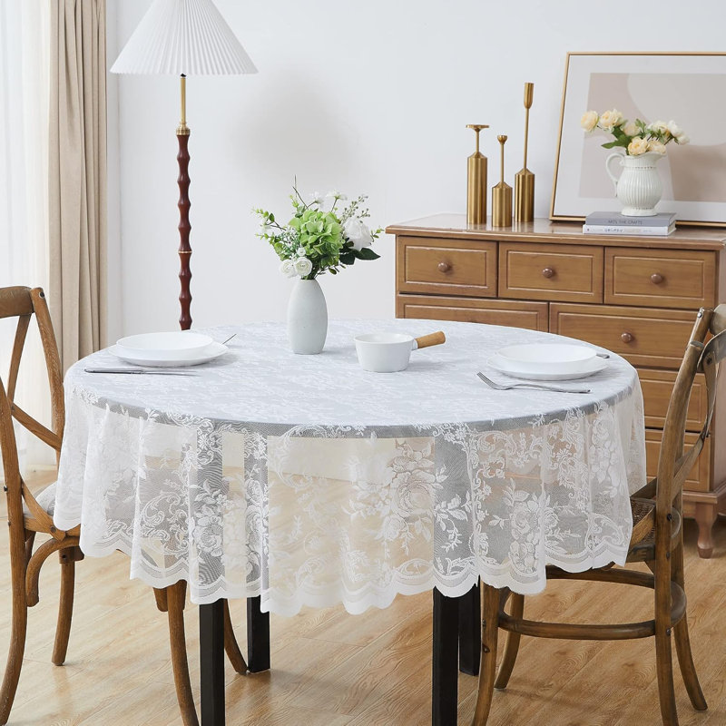 Lace Round Tablecloth With English Rose Design, White, Round TableCloth: 36"