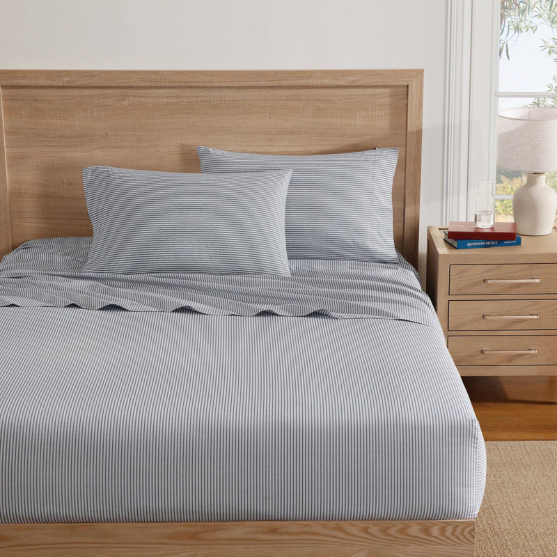Tommy Hilfiger Highland Ticking Stripe Cotton Blue 2 Piece Standard Pillowcase Set, Gray Stripe