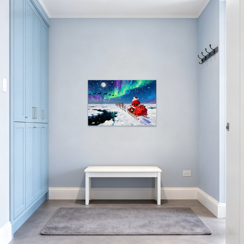 Noël, père Noël, traîneau, renne, aurore, ciel, neige, paysage de lune, H 12 po x l 18 po
