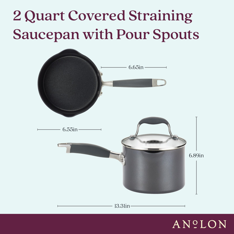 Anolon Advanced Home Hard Anodized Nonstick Saucepan With Straining Lid, 2 Quart, Gray