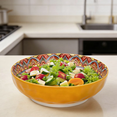 Bohemian Style Large Porcelain Serving Bowls For Entertaining, 75 Oz Big Dishes For Soup, Salad, Pasta, Fruit, Chips, Microwave & Dishwasher Safe