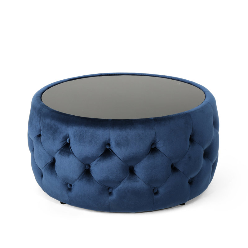 Button- In Dark Blue Velvet, With Robust Tempered Glass Top, Modern Design, 30" X 14.5 Velvet Button Tufting, Finish, Glass, 30.45" W D 14.77" H