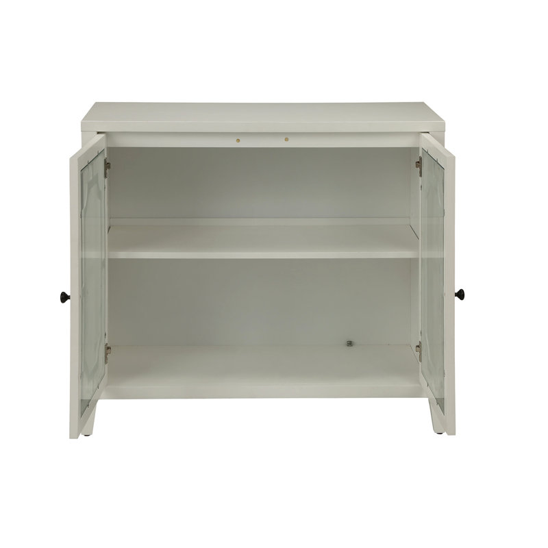 Armoire de rangement blanche à console rectangulaire à 2 portes avec tablettes intérieures en verre et store en bois