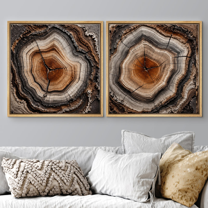 Ensemble de 2 reproductions rondes en forme d'arbre rond avec grain de bois brun chaleureux, H 16 po x l 16 po x P 1,5 po
