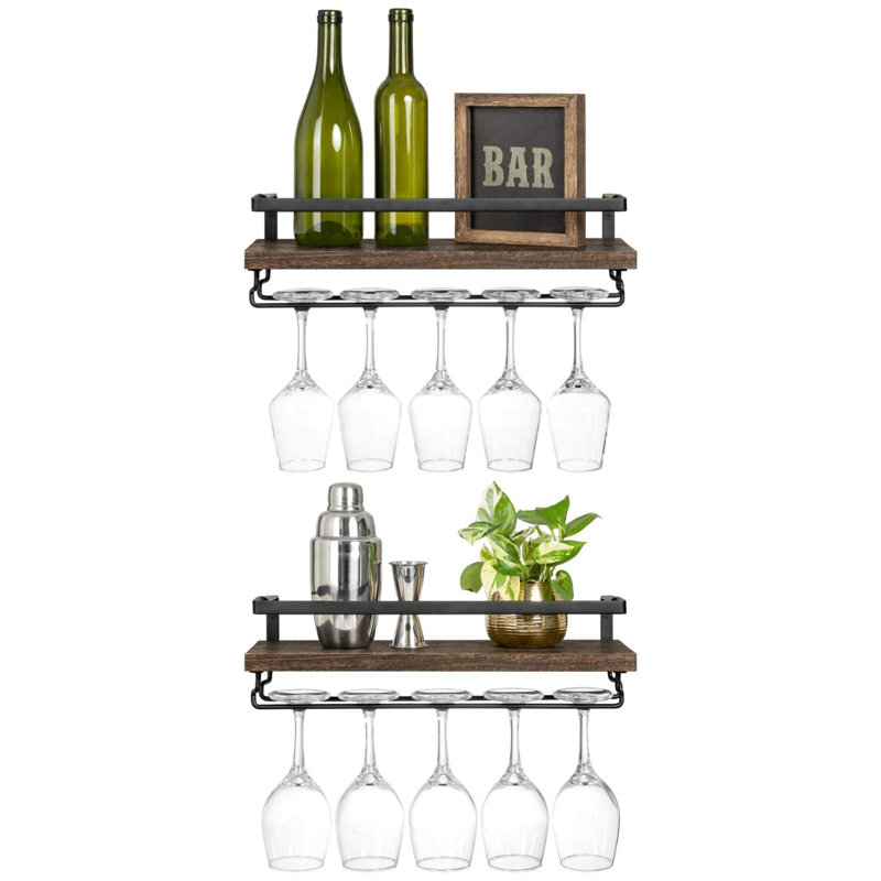 Ensemble de 2 porte-bouteilles muraux en bois rustique avec porte-verres à vin flottant et porte-verres à vin